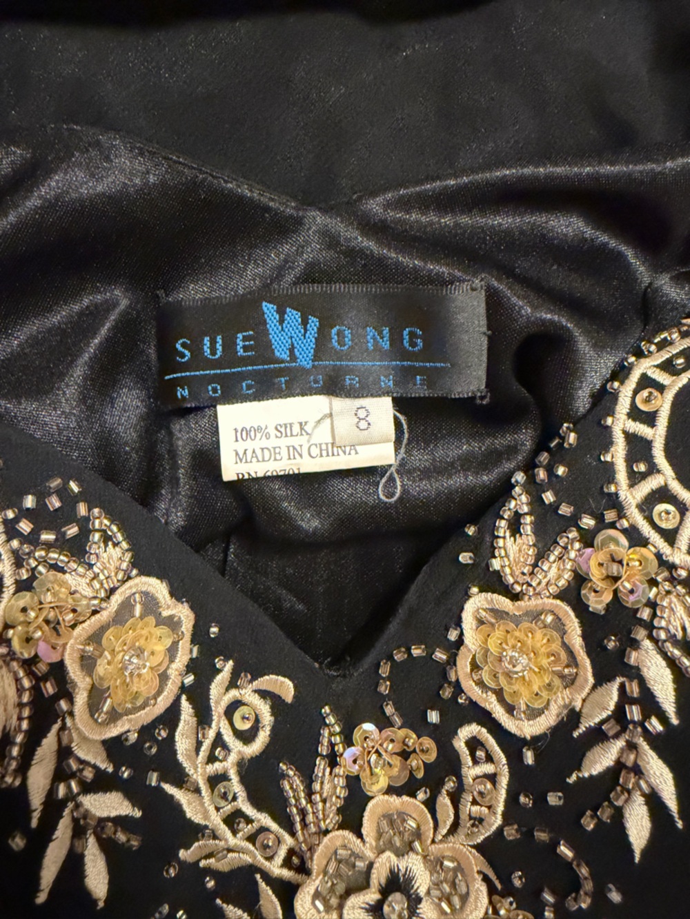 Sue Wong Black Silk Dress with Floral Beaded Embroidery - Picture 2 of 5